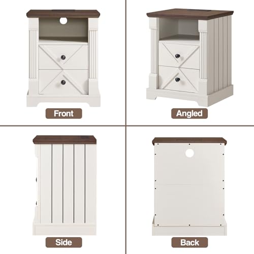 BuildHom 18" Farmhouse Nightstand Set of 2 with Charging Station,2 Interchangeable Drawers End Table, Roman Column Bedside Table with Open Shelf for Bedroom(Antique White) - color: Antique White - 2pcs