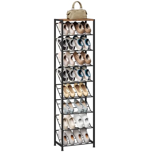 HOOBRO Narrow Shoe Rack for Small Spaces, Slanted Shoe Organizer for Entryway, Slim Angled Shoe Storage Rack for Closet, Space Saving 9 Tier Shoe Shelf Holds 8-16 Pairs, Rustic Brown BF92XJ01 - size: 9 Tier ( 60.6"H)