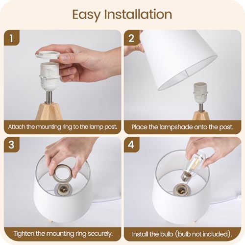 Small Tripod Table Lamp, Modern Nightstand Lamp with Fabric Shade, Boho Bedside Wood Desk Light for Bedroom, Kids Room, Living Room, Office, Study, White, W51TL05 - color: White+Natural Wood