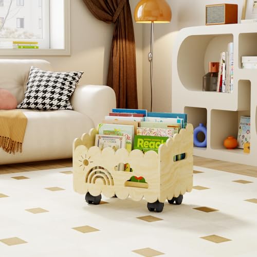Wood Kids Bookshelf, Montessori Bookshelf, with 2 Adjustable Dividers, 4 Wheels Suitable Kids Rooms, Nursery & Classroom, Book Shelf for Kids Rooms, Toddler Book Rack, Nursery Book Shelves - color: Wood Color(rolling)