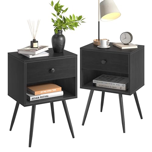 VECELO Nightstands Set of 2, Mid Century Modern End Bedside Table, Night Stand with Storage Drawer and 2 Tiers Open Shelf for Small Place, Bedroom, Living Room, Easy Assembly, Black - color: Black