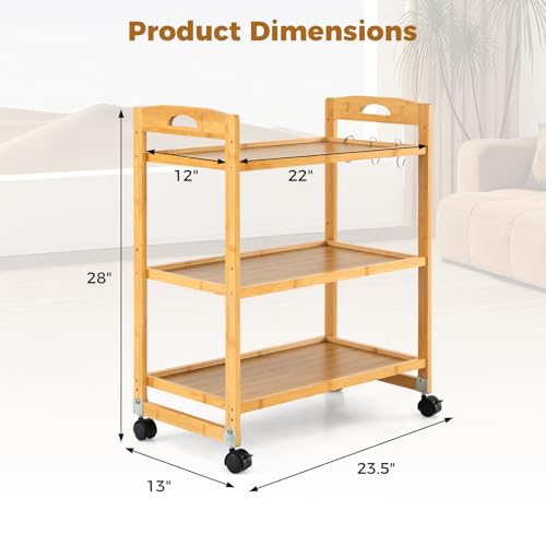 Giantex 3-Tier Rolling Storage Cart, Bamboo Utility Cart w/ 3 Side Hooks & Adjustable Shelves, Multifunctional Kitchen Cart on 2 Lockable Wheels for Living Dining Room, Laundry, Bathroom, Office Art