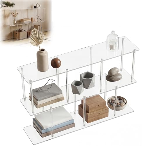 3-Tier Acrylic Clear Bookshelf 11.8''D X 47.2''W X 24.6''H Horizontal Bookshelf with Large Storage Cube Organizer Shelf Easy Assembly for Home Office Living Room Bedroom