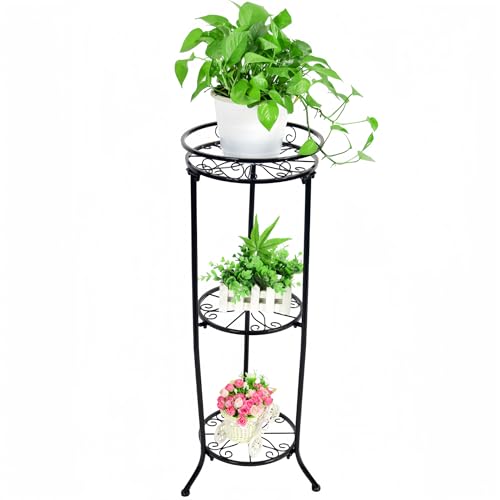 FAMZ Plant Stand Indoor Outdoor, 3 Tier Tall Black Metal Plant Stands, 35 inch Round Multiple Plant Rack Holder Rack Flower Pot Stand Heavy Duty Plant Shelf for Patio Balcony Garden Living Room