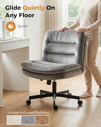 COMHOMA Criss Cross Office Chair with Wheels Armless Desk Chair Comfy, Modern Vanity Chair for Home Bedroom, Comfortable Wide Seat for Lower Back Pain Relief, Soft Velvet, Gray - color: Moon-gray Velvet