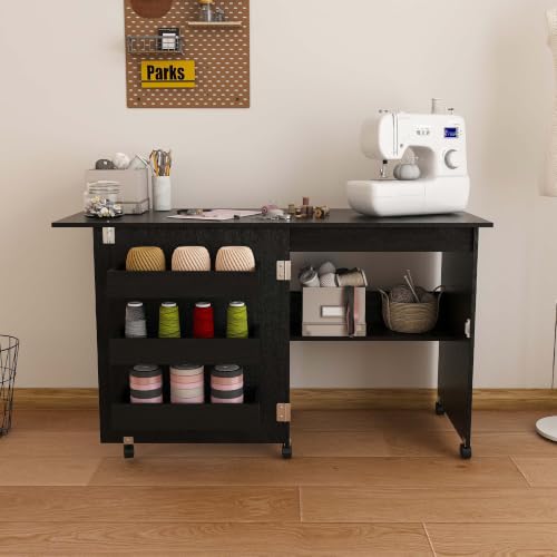 HRVEOCEI 4-in-1 Folding Sewing Table with Storage, Sewing Desk Foldable with Lockable Wheels & Power Socket, Sewings Machine Cabinet & Craft Desk with Shelves, Compact Design (Black, 45 Inch) - color: Black, size: 45 Inch