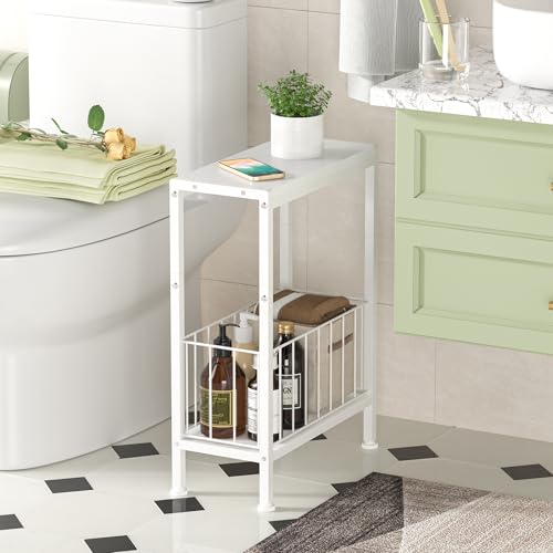 Narrow Side Table, Skinny End Tables with Magazine Holder, Small Sofa Table for Small Spaces, Space-Saving Design, Slim Nightstand Bedside Table for Living Room, Bedroom, Office, White - color: White
