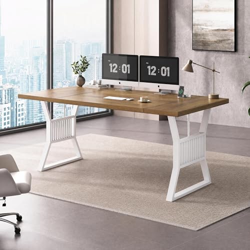 Garvee Modern Computer Desk, 70.8 Inch Home Office Work Desk,Farmhouse Gaming Writing Work from Home Study Desk,Sturdy Metal Frame for Bedroom,Home Office - color: Walnut + White Leg