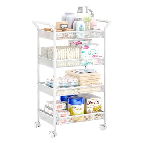 Baby Diaper Caddy Cart, 4-Tier Diaper Caddy Organizer and Storage, Rolling Utility Cart for Baby Supplies, Diaper Cart with Wheels for Bedroom, Nursery, Changing Table, White