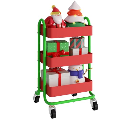 Metal Rolling Cart,3-Tier Metal Rolling Cart with Wheels,3 Tier Utility Cart with Wheels for Office,Home,Kitchen,Garden๏ผ13.4"x18.1"x31"๏ผ Red+Green - color: Red+green, size: 31"H