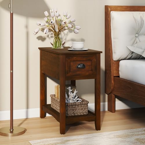 Giantex End Table with Drawer Set of 2, Retro Narrow Side Table, Nightstand with Solid Wood & Storage Shelf, Bedside Table for Living Room Bedroom Small Space Home Office (2, Walnut) - color: Walnut