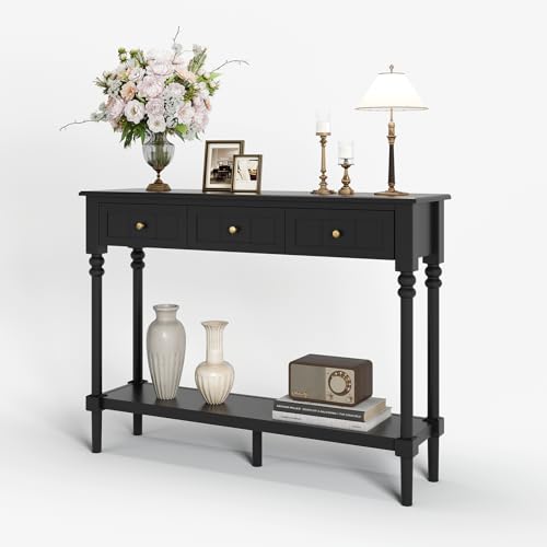 JOINICE Console Tables with Drawers,43" Entryway Table with Shelf and Solid Wood Legs,Narrow Long Sofa Table with Storage, Wood Foyer Tables for Entryway,Living Room,Hallway,Black - color: Black