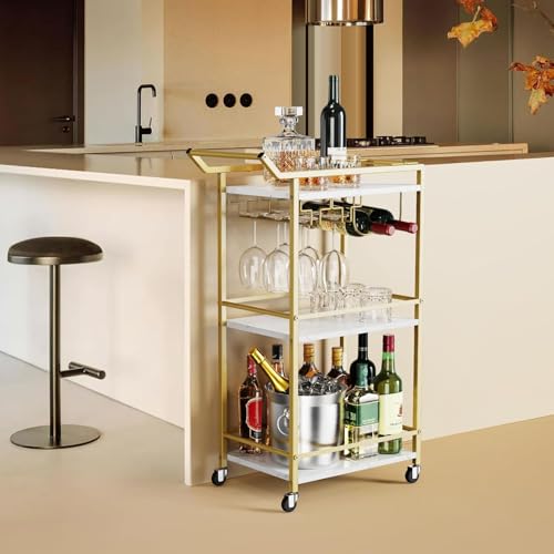 3 Tier Bar Cart Mini Liquor Utility Cart for Wine Beverage Dinner Party | Rolling Wine Coffee Drink Serving Cart with Lockable Wheels for Home Kitchen Bars (Gold) - color: Gold - 11.8"d X 20.8"w X 35.4"h