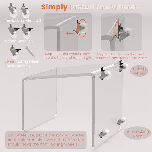 C Shaped Side Table for Sofa, Heavy Clear Acrylic Mobile End Table on Wheels, Modern Rolling Snack & Drink Use for Living Room & Bedroom, Space-Efficient Design with Sturdy Construction, 15mm Thick - color: 1-pack
