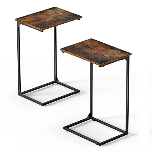 C Shaped End Tables Set of 2, Couch Tables that Slide Under Sofa, High Table TV Trays for Living Room & Bedroom, Modern Side Tables with Sturdy Metal Frame, Rustic Brown (Rustic Brown)