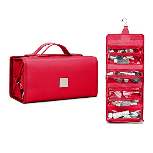 Roll Up Makeup Bag, Travel Toiletry Bag for Women with 4 Clear TSA Approved Pouches, Hanging Travel Organizer, Folding Cosmetic Bag for Men and Women - color: Red