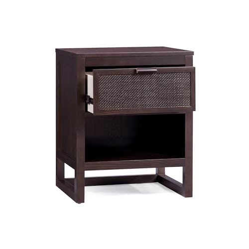 Teamson Home Hatteras 20" W Nightstand with 1 Deep Drawer and Open Shelf Storage in Coastal Modern Style, Ball Bearing Glides, Pine Wood Frames and MDF with Rattan, Espresso Finish | 1 Deep Drawer, Open Shelf Storage, Coastal Modern Style, Pine Wood & MDF