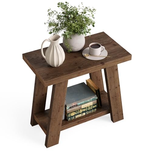 LITTLE TREE Solid Wood End Table, Small Side Table with 2-Tier Storage Shelf for Living Room, Rectangular Side Table for Couch, Bedside Table for Bedroom, Easy Assembly