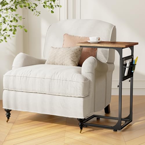 Fixwal C Shaped End Table Adjustable Height Side Table for Couch, TV Tray with Storage Bag Slide Under Sofa Small Tables for Living Room, Bedroom & Office, Rustic Brown - color: Rustic Brown, style: Long Board