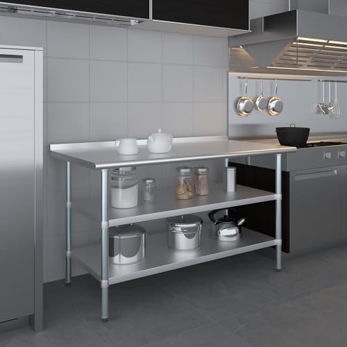 AmGood Stainless Steel Work Table with 1.5" Backsplash and 2 Shelves | Metal Kitchen Food Prep Table | NSF (60" Long x 30" Deep) - size: 60" Long x 30" Deep