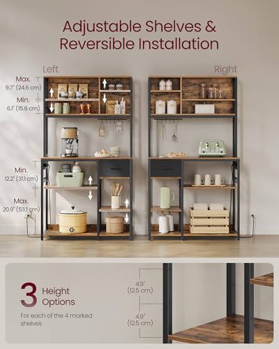 VASAGLE Bakers Rack with Charging Station, Coffee Bar, 15.7 x 39.4 x 71 Inches, Kitchen Microwave Stand, Adjustable Storage Shelves, Fabric Drawer, 12 Hooks, Rustic Brown and Ink Black UKKS027K01 - color: Rustic Brown + Ink Black, size: 15.7"D x 39.4"W