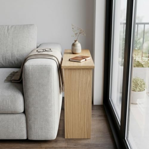Narrow Side Table for Living Room, Slim End Table for Small Spaces Between Couch, Recliner or Armchair, 2 Tier Skinny Table with Open Shelf, Engineered Wood Sofa Beverage Thin Stand (Natural) - color: Natural