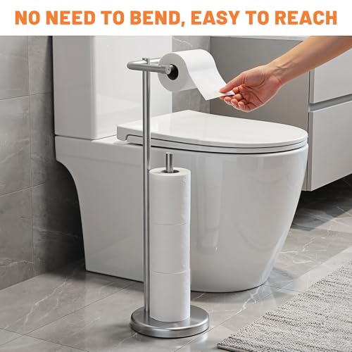 Housolution Toilet Paper Holder Stand, Brushed Nickel Freestanding Toilet Paper Holder with Post Pivoting Design and Stable Weighted Base, Stainless Steel Bathroom Toilet Paper Holder
