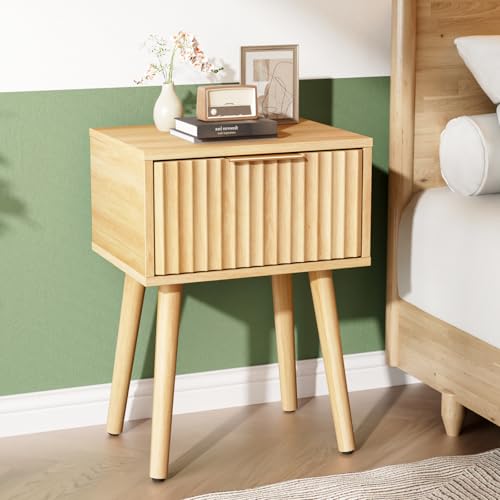 VINGLI Night Stand Set 2, Fluted Nightstands with Drawer, Mid Century Modern Nightstands Set of 2, Bedside Table, End Table, Wood Nightstand for Bedroom, Natural Oak, 15.75" W*11.81" D*21.85" H - color: Oak, size: 15.7"W-1 Drawer