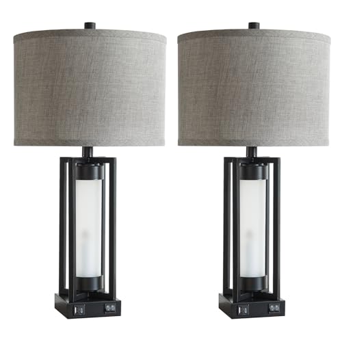 Set of 2 Modern Table Lamps for Living Room with USB C+A Ports | Rustic Nightstand Lamp with White Night Light, Retro Desk Lamp for Bedroom End Table Entryway, 4 Bulb Included (Black) - color: Black