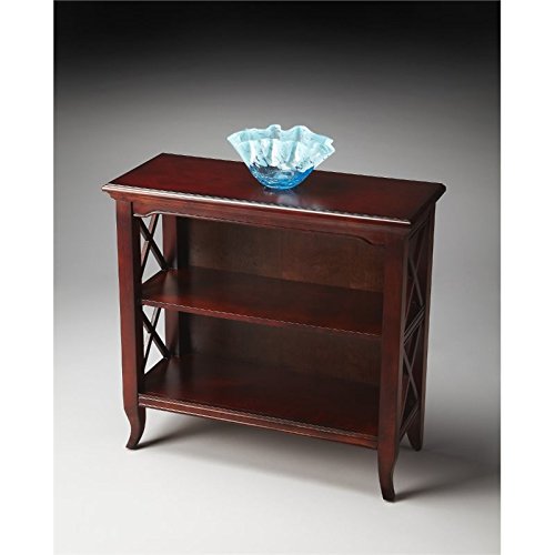 Beaumont Lane 2-Shelf Low Bookcase, 32" W x 13" D x 30.25" H, Rubberwood MDF Cherry Veneer, Dark Brown Distressed Finish, Rectangular Design, Transitional Style Accent for Living Room, Home Office or