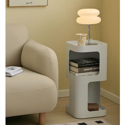 Modern Side Table, Small End Table for Small Spaces, Metal Nightstand with Storage Shelf, Space-Saving Bedside Table Accent Table Drink Tables for Living Room, Bedroom, No Assembly Required - color: White Trumpet