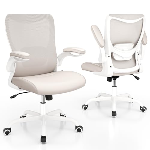 MUXX.STIL Office Chair, PU Leather Ergonomic Desk Chair with Adjustable Lumbar Support and Flip up Armrest, Breathable Mesh Computer Chair for Home Office, Khaki - color: Cream Khaki (Pu Leather Seat)