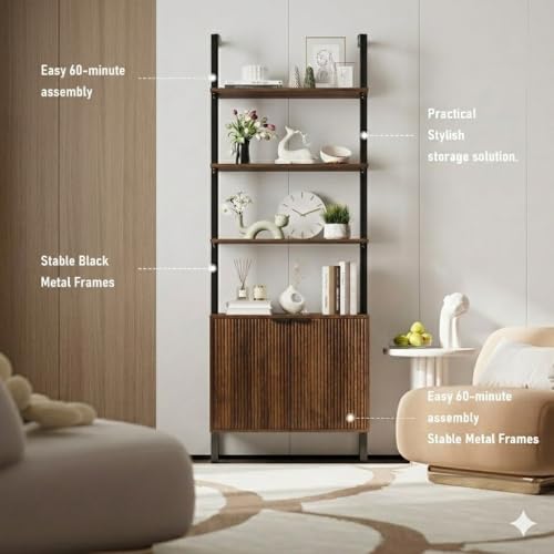 INNOD 74" Tall Bookshelf with Storage Cabinet, Modern Ladder Shelf with Wood and Metal Frame, Wall Mount Bookcase Open Display Shelf Furniture for Living Room, Bedroom, Home Office, Walnut - color: Walnut