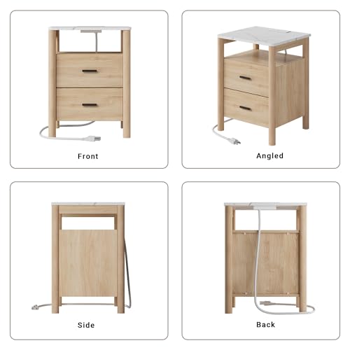 Night Stand Set 2, 20" Wide Nightstands Set of 2, Nightstand with Charging Station & Faux Marble Top, 2 Drawer End Table with Solid Round Post Legs, Bedside Table for Bedroom, Natural Oak - color: Natural Oak + Faux Marble Top, size: 20''W x 15.7'D x 24''