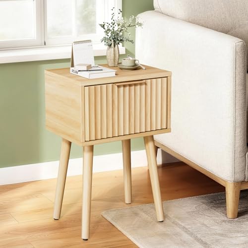 VINGLI Night Stand, Fluted Nightstand Wood, Mid Century Modern Nightstand for Bedroom, Bedside Table, Wood Side Table, Small Night Stand Oak, 15.75" W*11.81" D*21.85" H - color: Oak, size: 15.7"W-1 Drawer