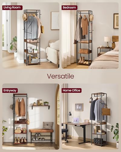 VASAGLE Coat Rack, Freestanding Hall Tree with Shelves, Hanging Rail, and Hooks, Space-Saving Coat Stand, Steel Frame, for Clothing, Bags, Hats, Ink Black and Rustic Brown URCR061BD04 - color: Ink Black + Rustic Brown, style: Industrial