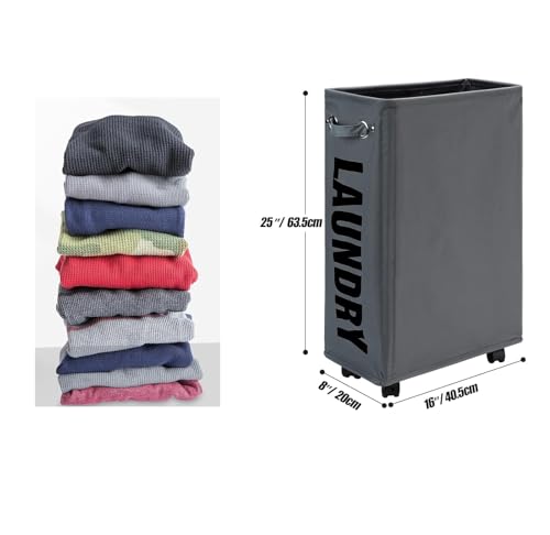 per with HandleSlim Laundry Basket on Wheels, Foldable Narrow Corner Clothes Storage Bins,Tall Laundry Bin for Laundry Room, Dorm and Bedroom,(Dark Grey)