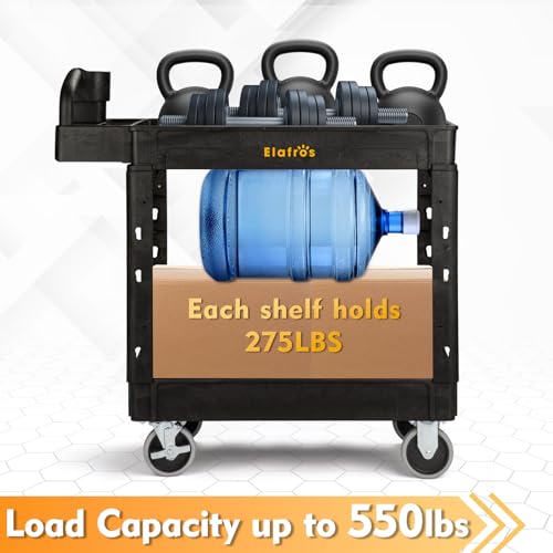 ELAFROS Utility Cart with Ergonomic Handle and Built-in Tool Compartments - 37.5" x 17" Work Cart W/Deep Shelves Safely Holds up to 550 lbs - 2 Tier Rolling Cart,Black