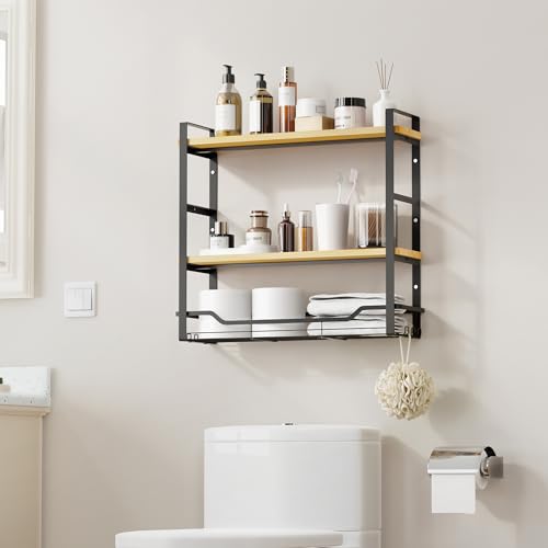 Bathroom Shelves Over Toilet Storage - 3 Tier Large Wall Mounted Shelves for Bathroom - Over Toilet Organizer - Adjustable Stand Shelf Rack for Kitchen Living Room - Black Oak
