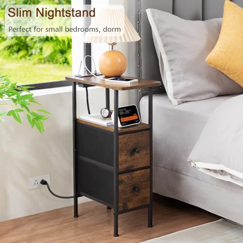 LOAKEKEL Narrow Nightstand with Charging Station, End Tables Living Room Set of 2, Skinny Side Table with Fabric Drawers, Slim Sofa Table for Bedroom, Small Spaces, Couch, Brown, HETNDP02BR - color: Rustic Brown + Black, style: Power