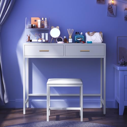 35.5" White Makeup Vanity Desk with Stool, Iron Frame Vanity Table with 2 Drawers, Rose Gold Handles, Solid Structure, No Mirror, Modern Writing Desk for Bedroom, 35.5" × 16" × 31"