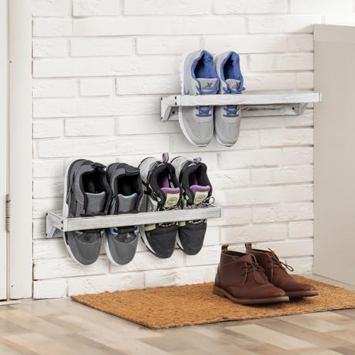 MyGift Set of 4 Shabby White Washed Solid Wood Hanging Shoe Storage Organizer Racks, Wall Mounted Space Saving Footwear Holder for Closet, Mudroom, Entryway, Holds 8 Pairs - color: Whitewashed