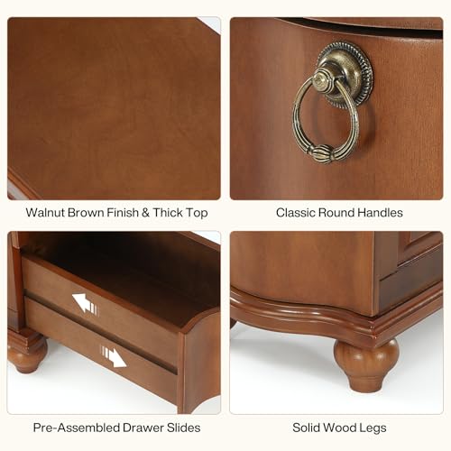 Tribesigns Wood End Table Set of 2, Fully Assembled Nightstand with Drawers | Narrow Tall Slim Side Table for Bedside, Small Spaces, Living Room, Bedroom, Walnut Brown, No Assembly Required - color: Walnut Brown