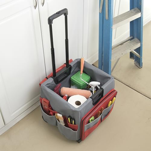 Folding Mobile Utility Cart, Canvas Organizer Bag, Red/Grey | Durable plastic, 30 compartments, adjustable handle, 40 lb capacity, collapses to 3" thick, rolling wheels for easy transport - color: Red/Grey