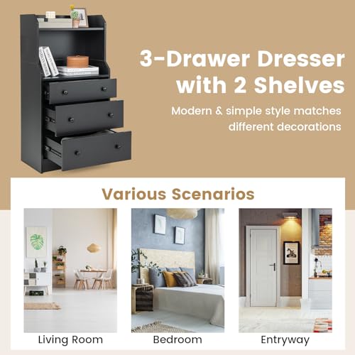 Moccha 3 Drawers Dresser with Shelf, Modern Dresser Tower with 2 Open Shelves, Chest of Drawers with Anti-toppling Device, Tall Storage Dresser Nightstand for Closet, Living Room, Black - color: Black