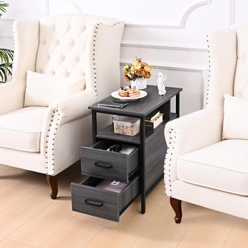 Livofloral Side Table, End Tables with Charging Station, Narrow End Table with Wooden Drawers, USB Ports and Power Outlets, Nightstand and Bedside Table, End Table Living Room, Bedroom, Dark Grey - color: Dark Gray