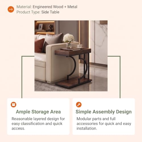 Tribesigns C Shaped Modern End Table for Coach with Metal Frame | Wood Grain, Small Side Table for Living Room, Nightstand for Bedroom, Rustic Brown&Black - color: Brown+black