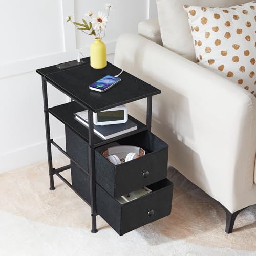 HOOBRO End Table with Charging Station, Narrow Side Table, Nightstand with 2 Non-Woven Drawers, Slim Sofa Side Table, for Small Spaces, Living Room, Bedroom, Black BB486UBZ01 - color: Black, size: 11.8"L x 18.9"W x 23.6"H
