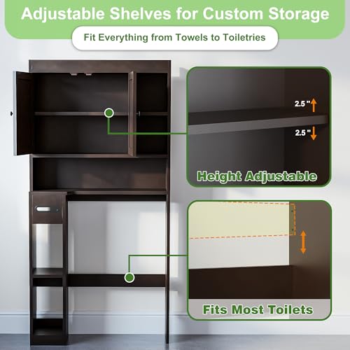 Over The Toilet Storage Cabinet with 7 Shelves, Imitation Walnut Grain Above Toilet Bathroom Organizer with Toilet Paper Holder Stand, Space Saver for Restroom, Laundry, Bathroom (Espresso) - color: Espresso