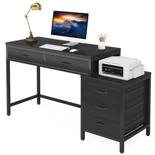Tribesigns Computer Desk with 5 Drawers, Home Office Desks with Reversible Drawer Cabinet Printer Stand, Industrial PC Desk with Storage, Rustic Study Writing Table Workstation for Small Spaces, Black - color: Black